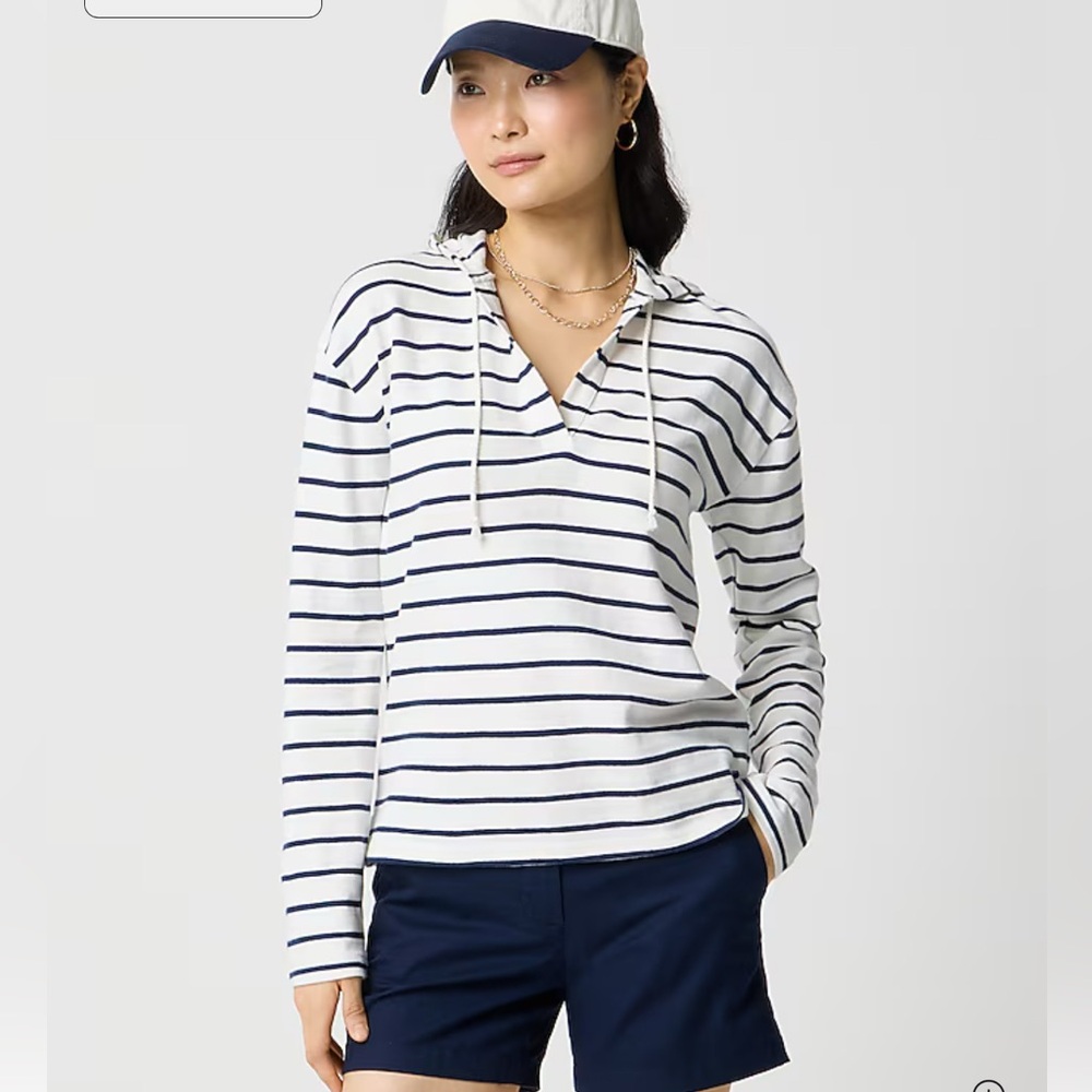 J.Crew Striped Navy and White Women's V-neck Hoodie Top
